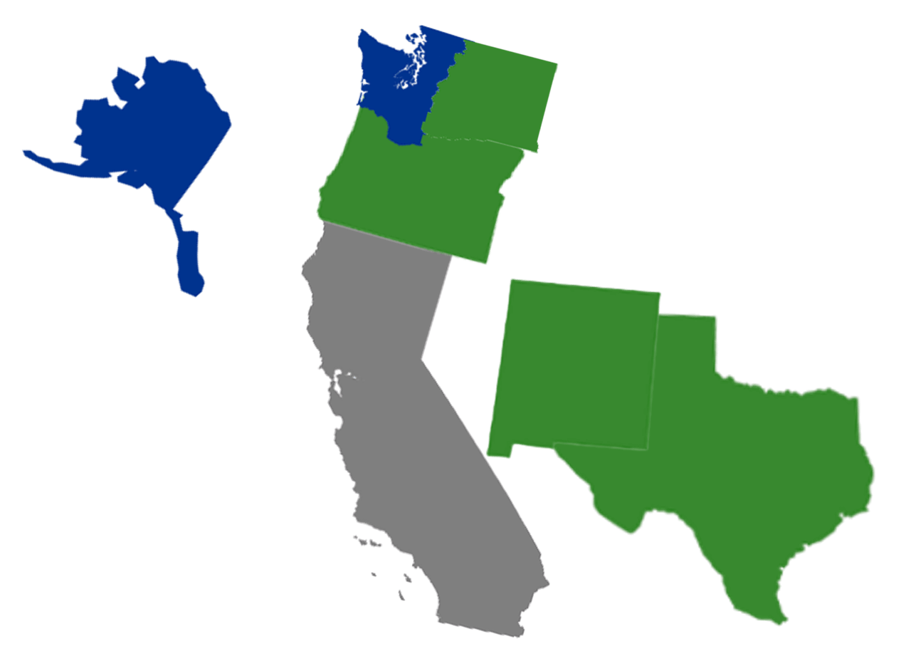 silhouette of the state of AL,  state of OR, state of WA, state of CA, state of TX, and state of NM